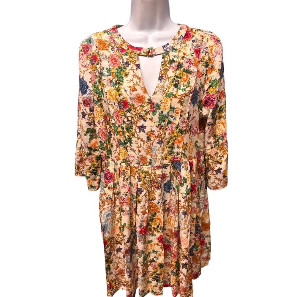 Umgee Floral Boho Keyhole Dress Cream Multicolor 3/4 Sleeve Flowy M